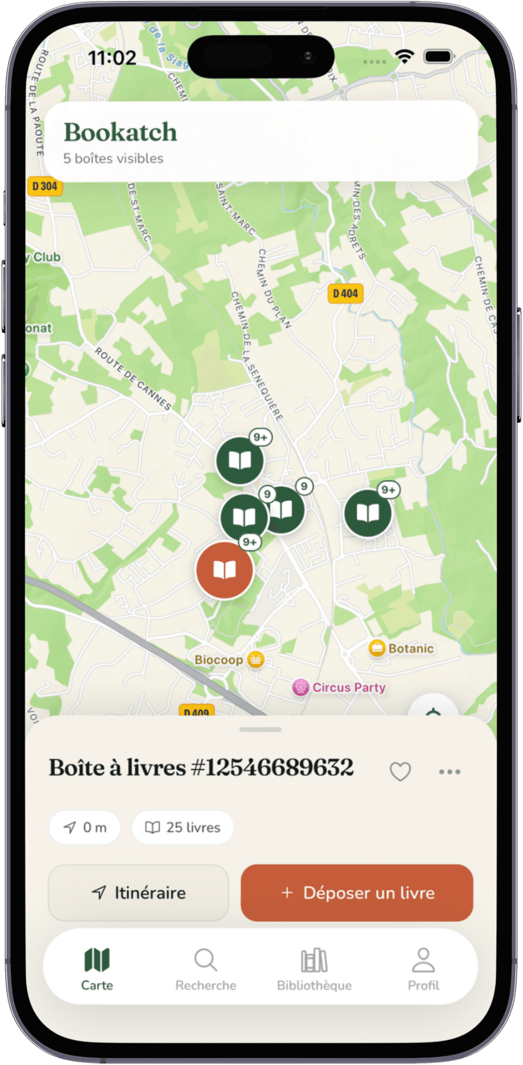 L'application Bookatch affichant les boîtes à livres autour de soi